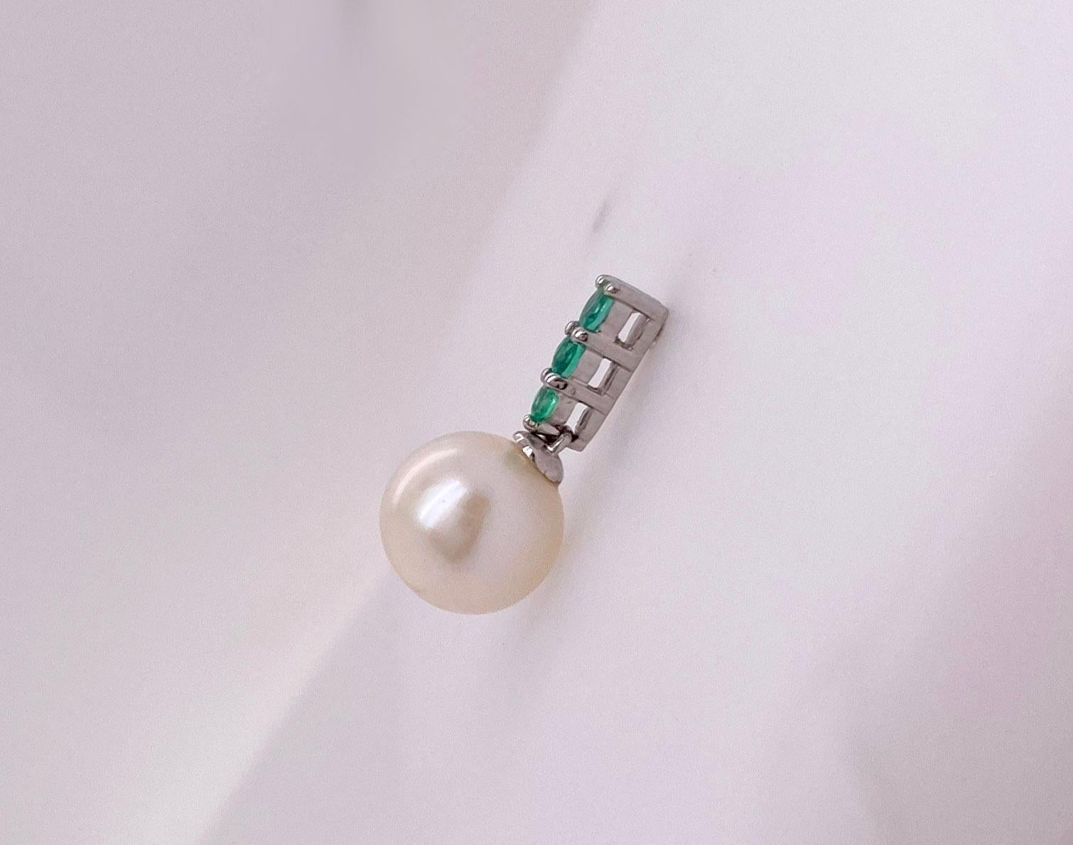 Modern Emerald Pearl Drop Earrings w 6 Green Emeralds and White Pearl Dangle Earrings