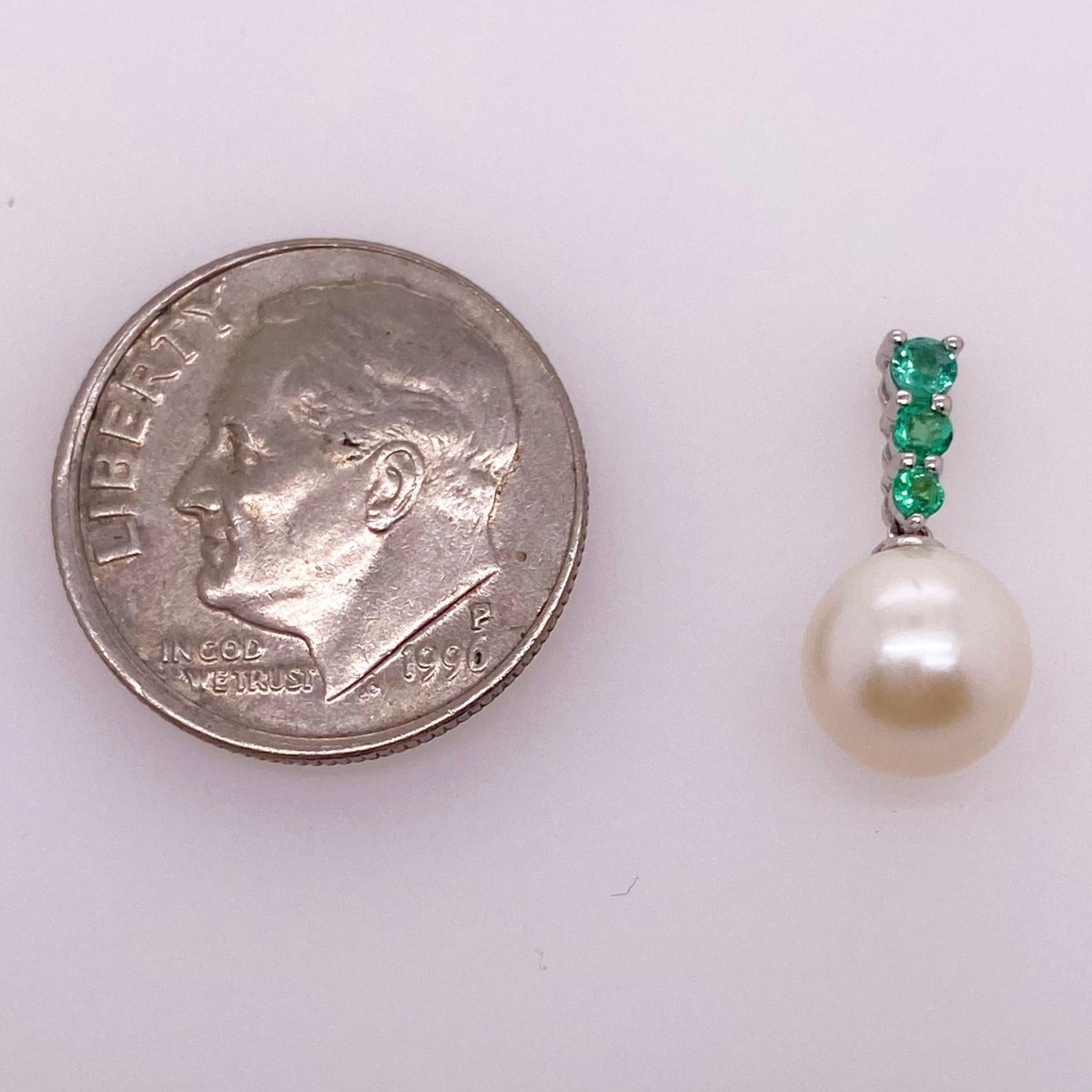 Round Cut Emerald Pearl Drop Earrings w 6 Green Emeralds and White Pearl Dangle Earrings