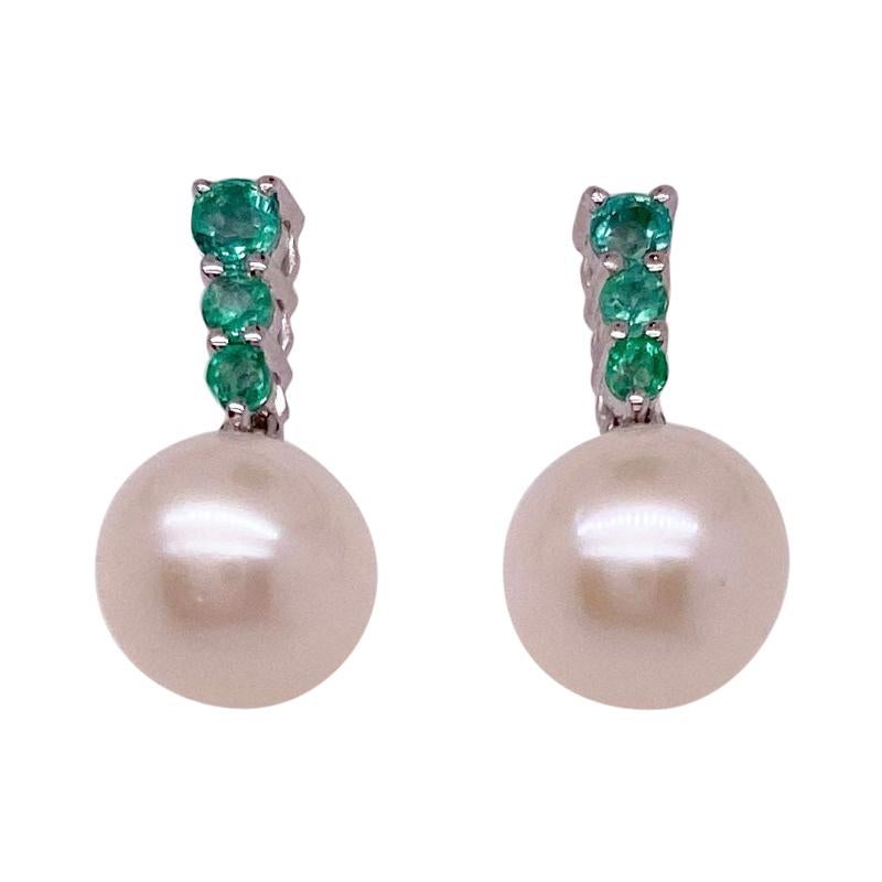 Emerald Pearl Drop Earrings w 6 Green Emeralds and White Pearl Dangle Earrings