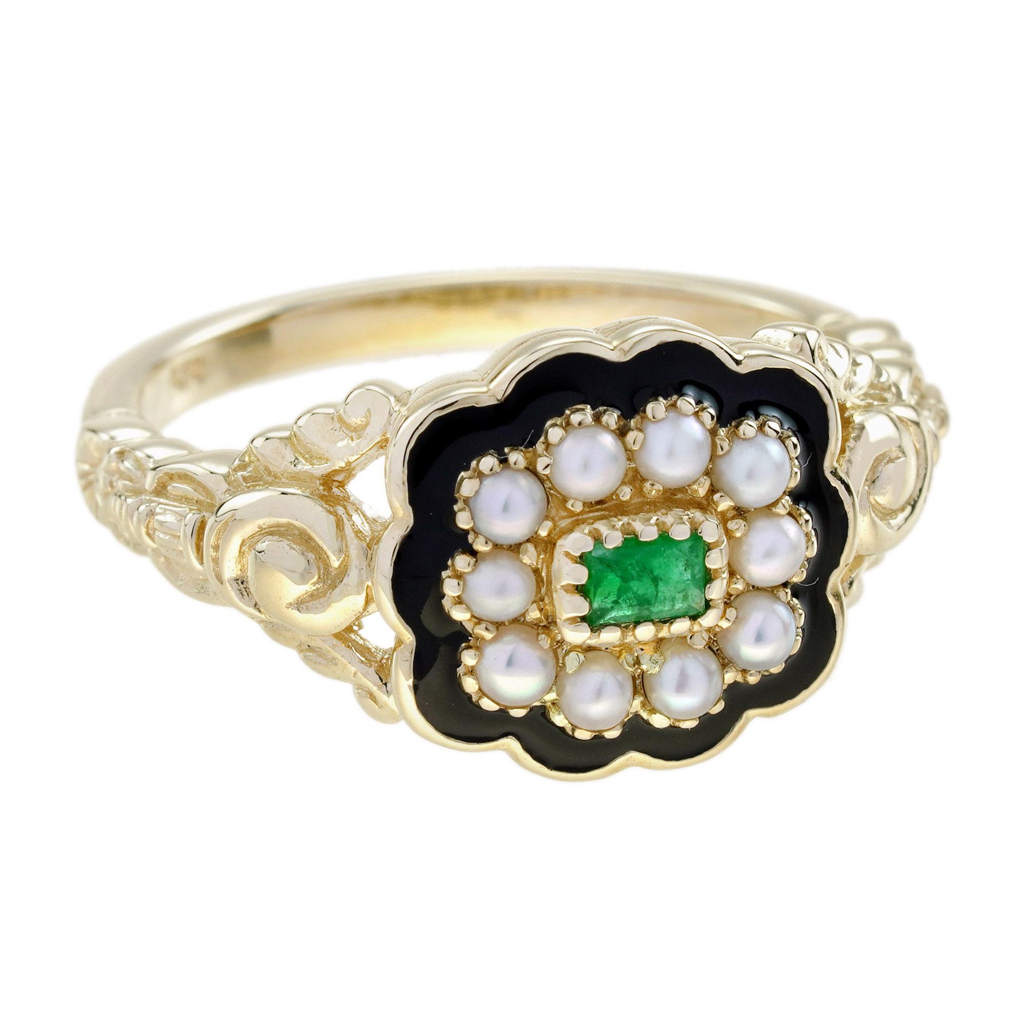 This enchanting Victorian style engagement ring features a vivid square emerald in a classic prong setting. Encircled by lustrous pearls, the design forms a delicate flower full of vintage charm. A final enamel frame adds color, depth, and refined