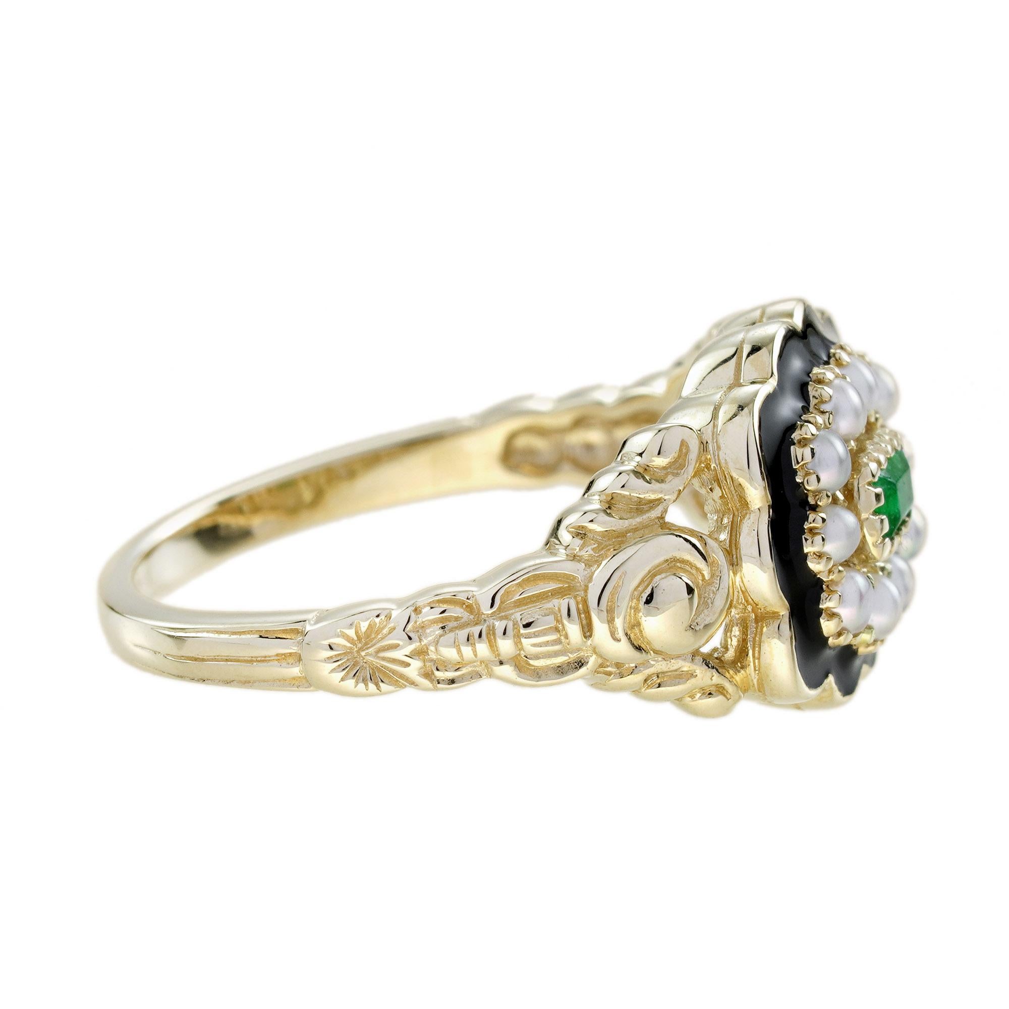 Art Deco Emerald Pearl Enamel Victorian Style Engagement Ring in 9K Yellow Gold For Sale