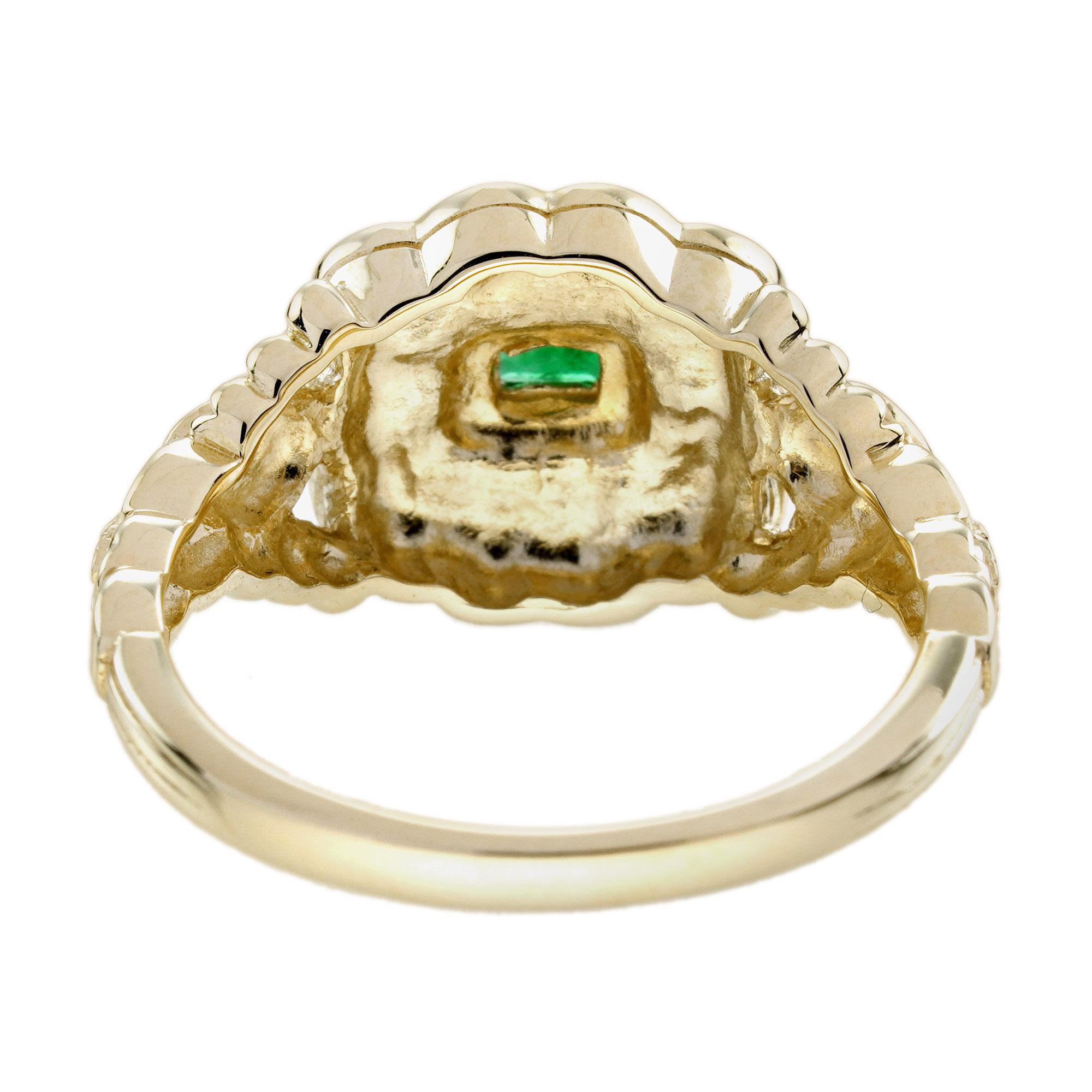 Emerald Cut Emerald Pearl Enamel Victorian Style Engagement Ring in 9K Yellow Gold For Sale