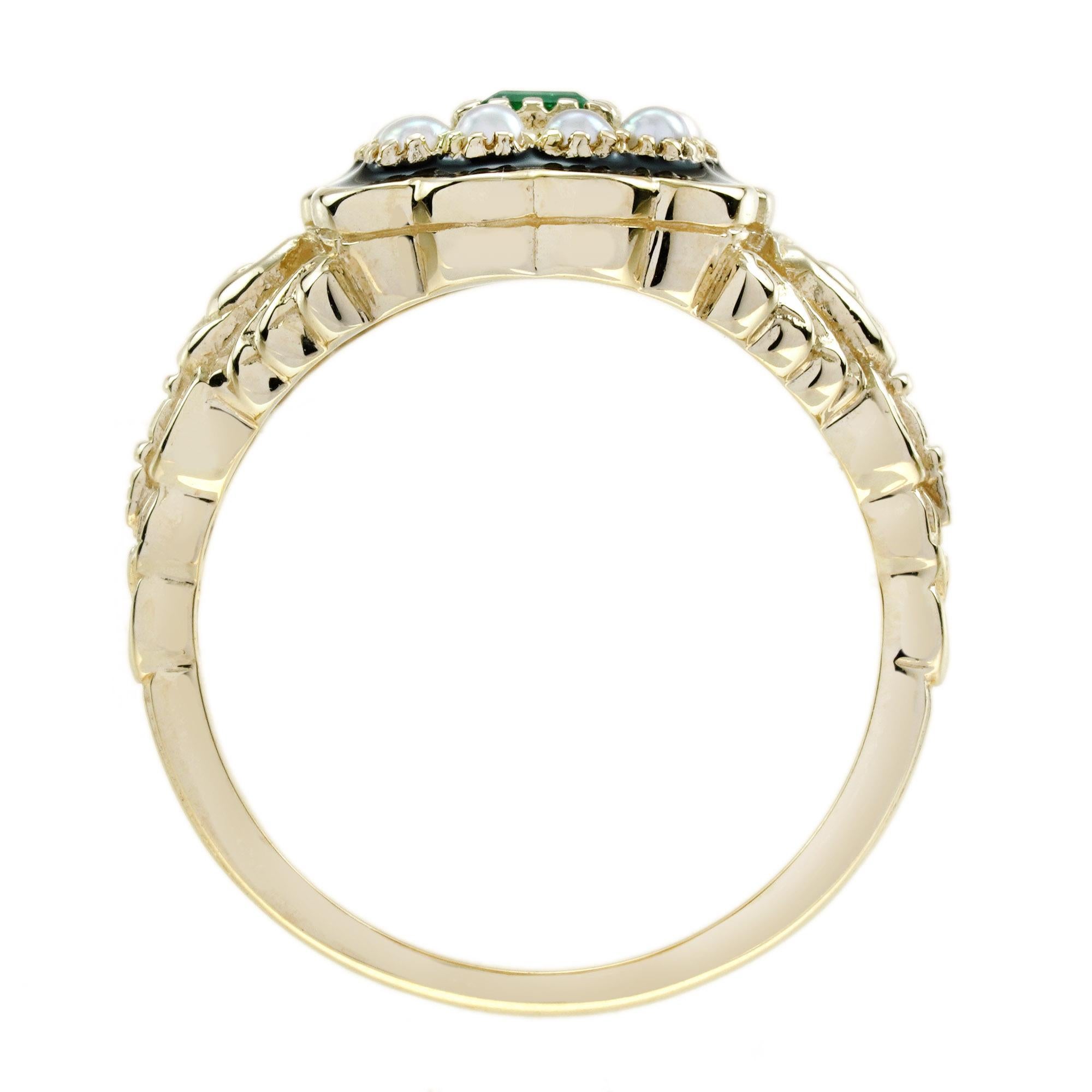 Emerald Pearl Enamel Victorian Style Engagement Ring in 9K Yellow Gold In New Condition For Sale In Bangkok, TH