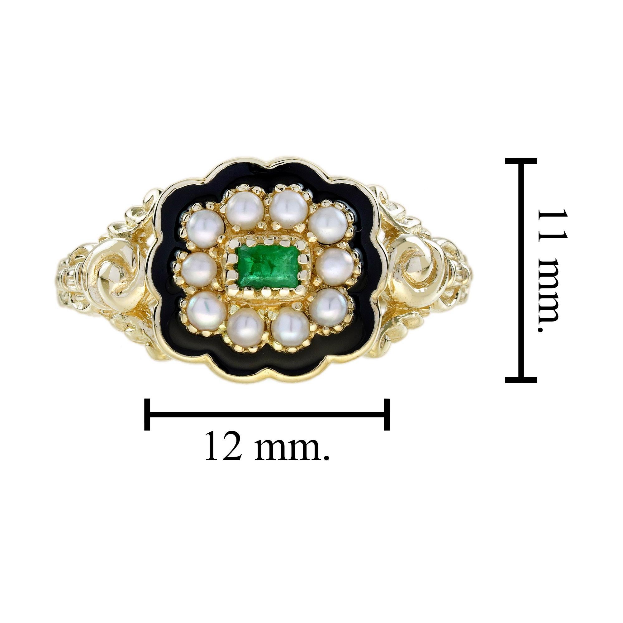 Women's Emerald Pearl Enamel Victorian Style Engagement Ring in 9K Yellow Gold For Sale