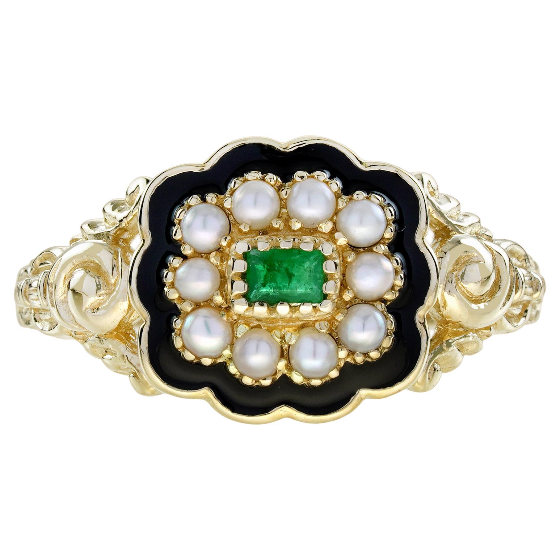 Emerald Pearl Enamel Victorian Style Engagement Ring in 9K Yellow Gold