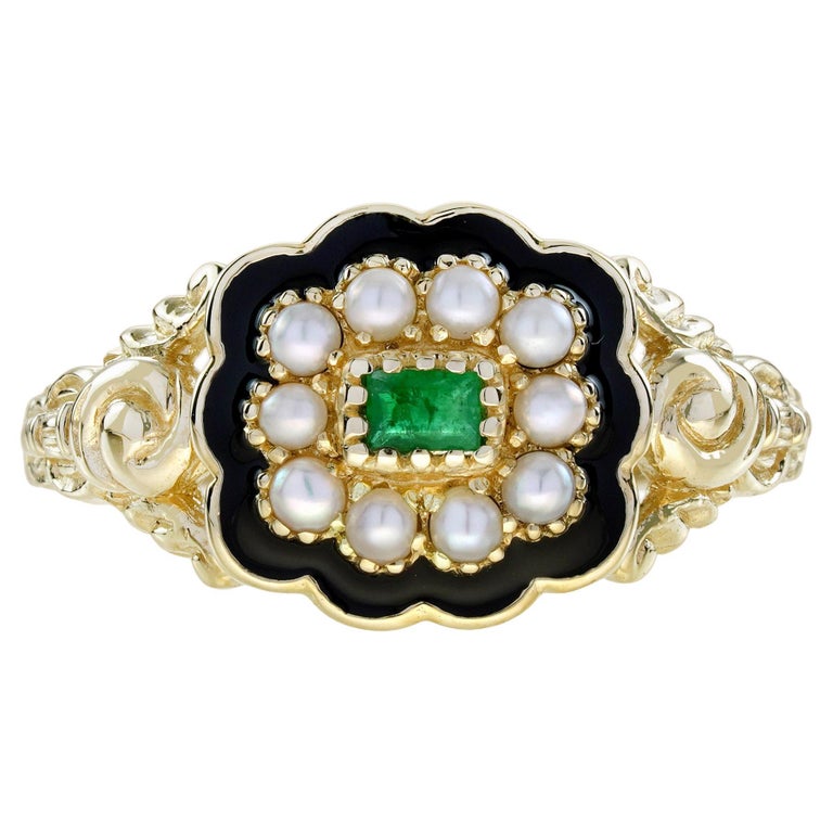Bague de fiançailles en or jaune 9K avec émeraude, perle et émail