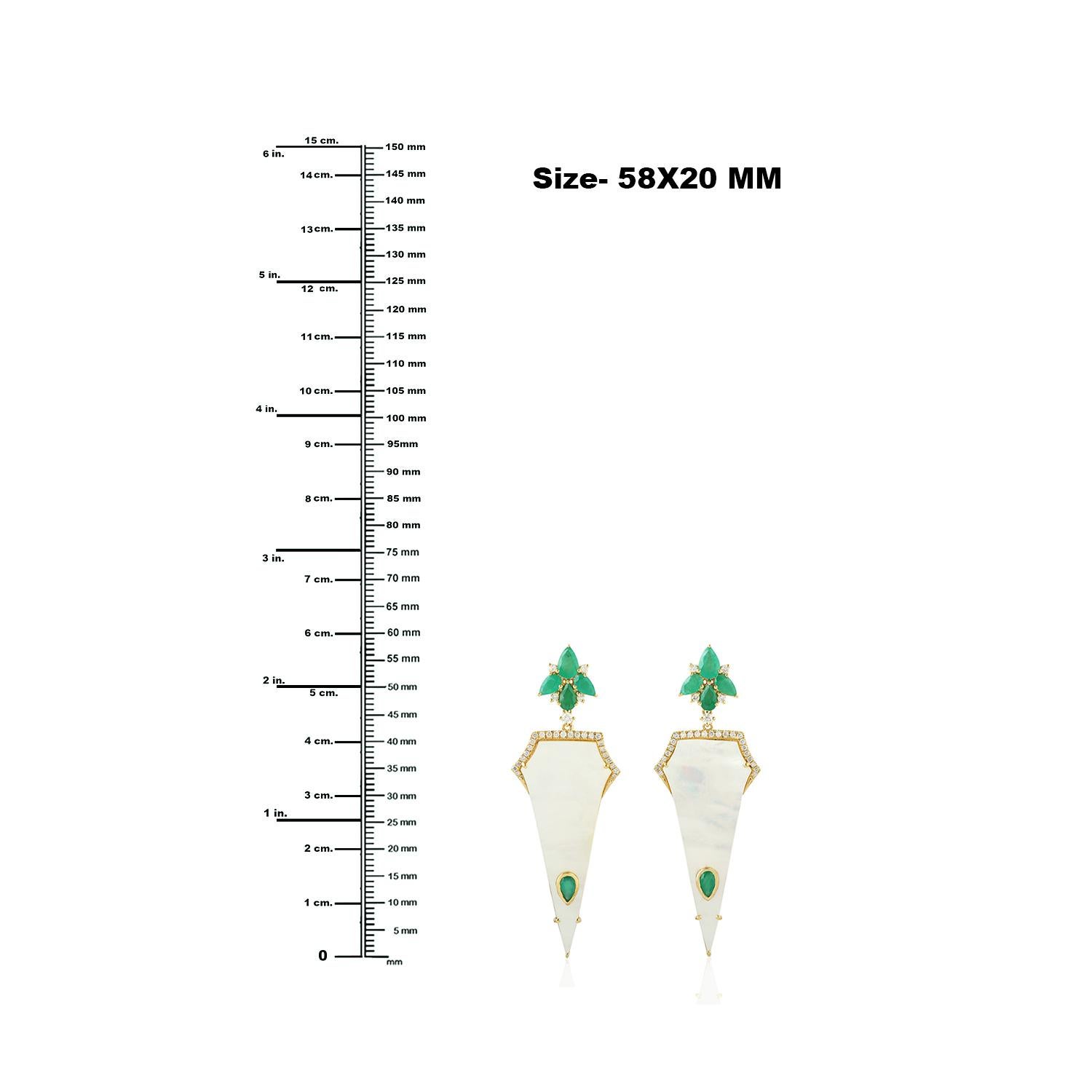 Mixed Cut Rhombus Shaped Pearl Earring with Emerald & Pave Diamonds in 18k Yellow Gold For Sale