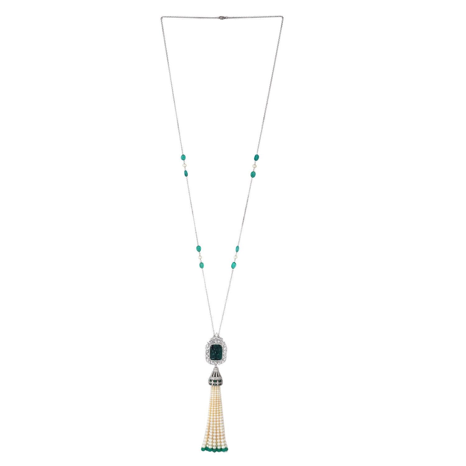 Mixed Cut Emerald & Pearl Tassel Chain Necklace with Diamonds Made in 18k White Gold For Sale