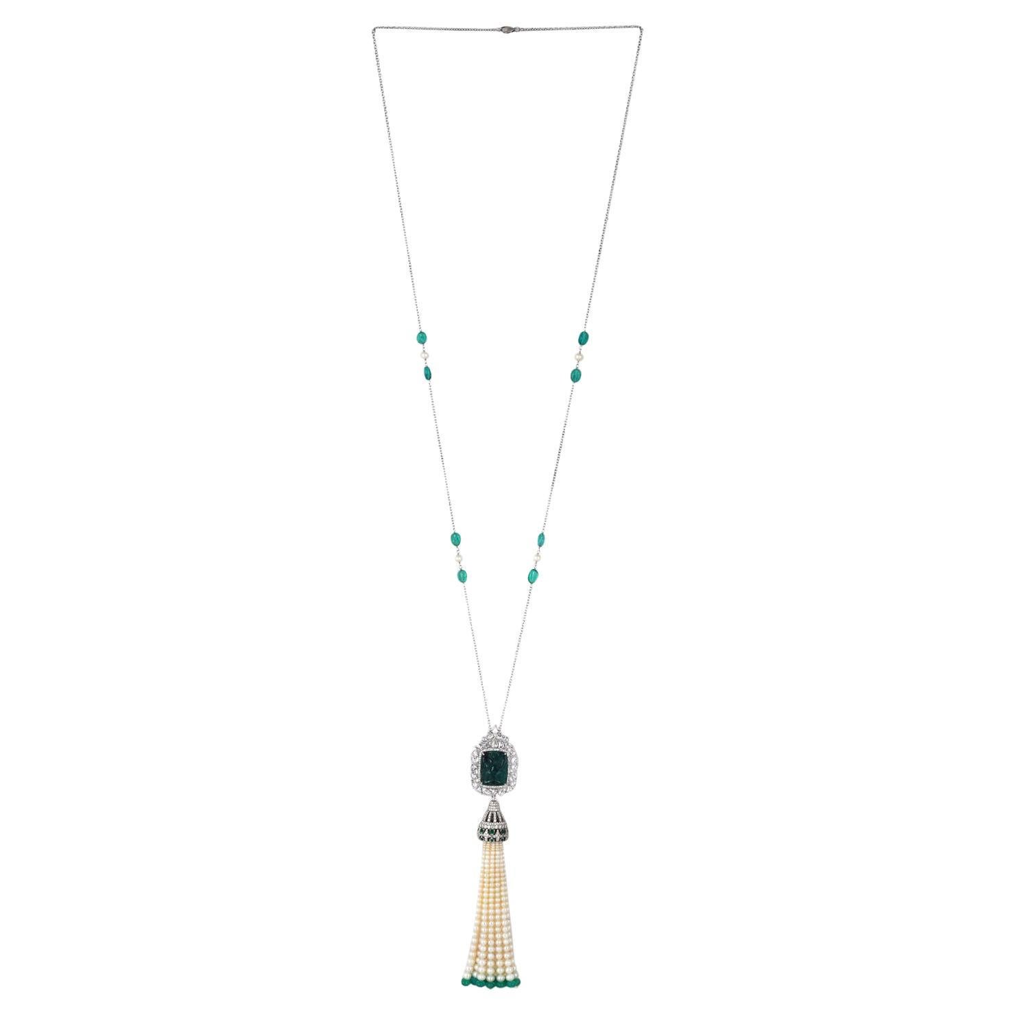 Emerald & Pearl Tassel Chain Necklace with Diamonds Made in 18k White Gold For Sale