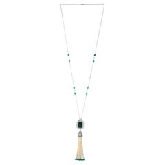 Emerald & Pearl Tassel Chain Necklace with Diamonds in 18k White Gold