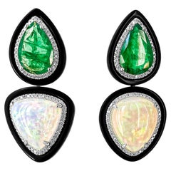 Emerald Pears of over 9.95 Cts and Trillion Opals and Diamond Earrings