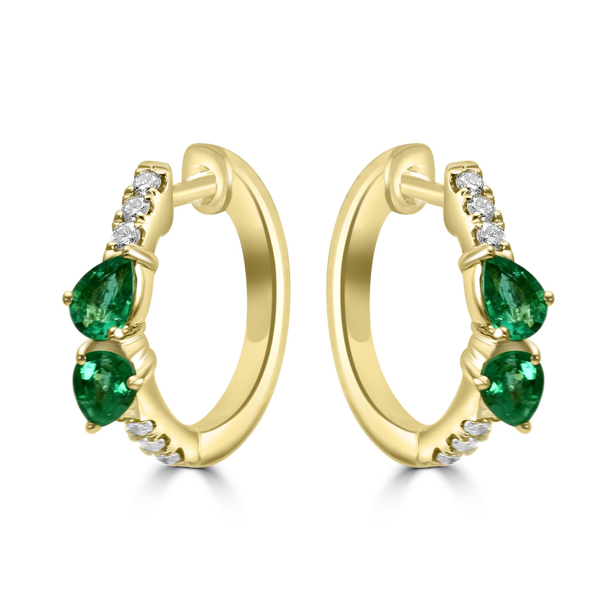 Elevate your elegance with these exquisite huggie earrings featuring a captivating combination of emeralds and diamonds. 

Each earring showcases two stunning pear-shaped emeralds totaling to 0.49 carats for the 4 emeralds. These emeralds radiate a