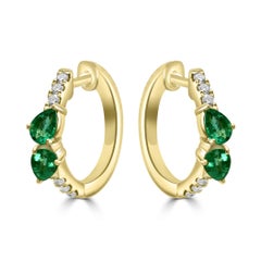 Emerald Pear & White Diamond Round 14 Karat Yellow Gold  Huggie Hoop Earring