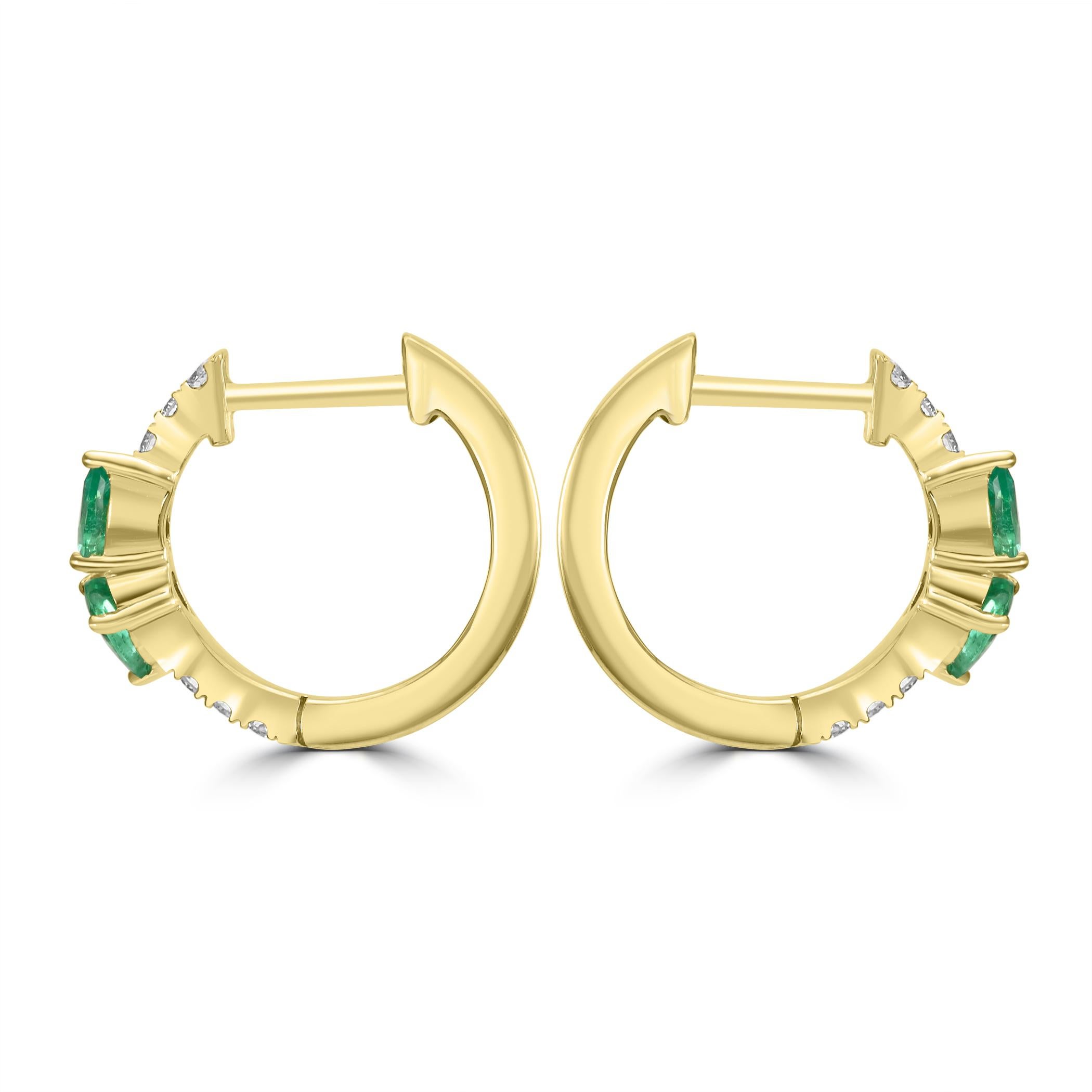 Modern Emerald Pear & White Diamond Round 14 Karat Yellow Gold  Huggie Hoop Earring For Sale