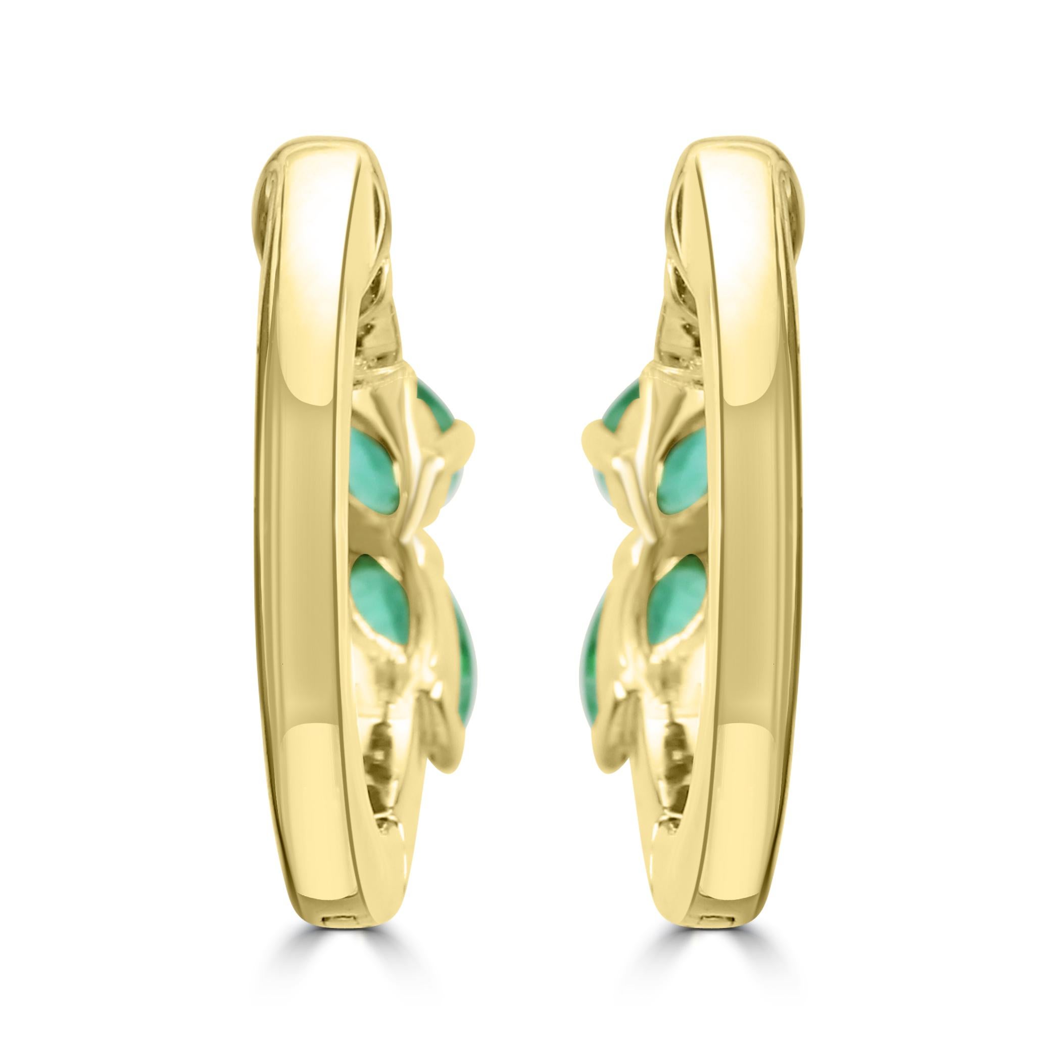 Pear Cut Emerald Pear & White Diamond Round 14 Karat Yellow Gold  Huggie Hoop Earring For Sale