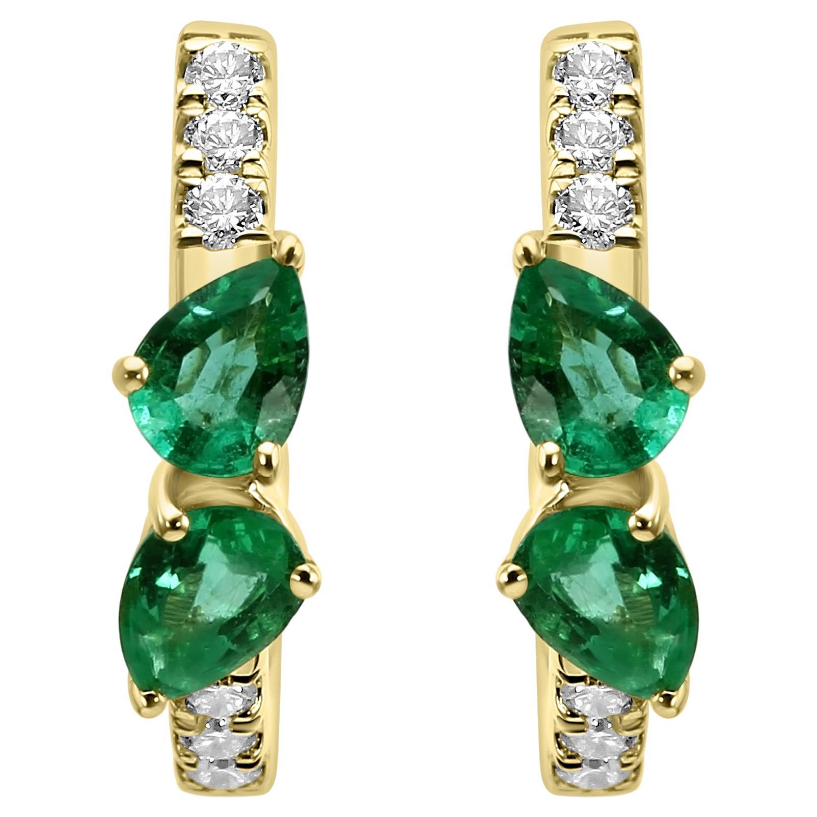 Emerald Pear & White Diamond Round 14 Karat Yellow Gold  Huggie Hoop Earring For Sale