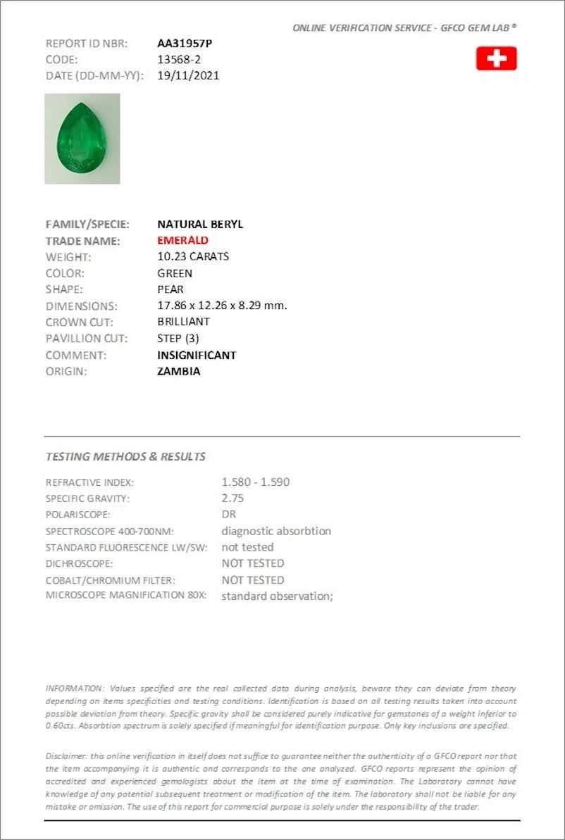 Emerald Pearshape Zambia 10.23 TCW Certified For Sale 1