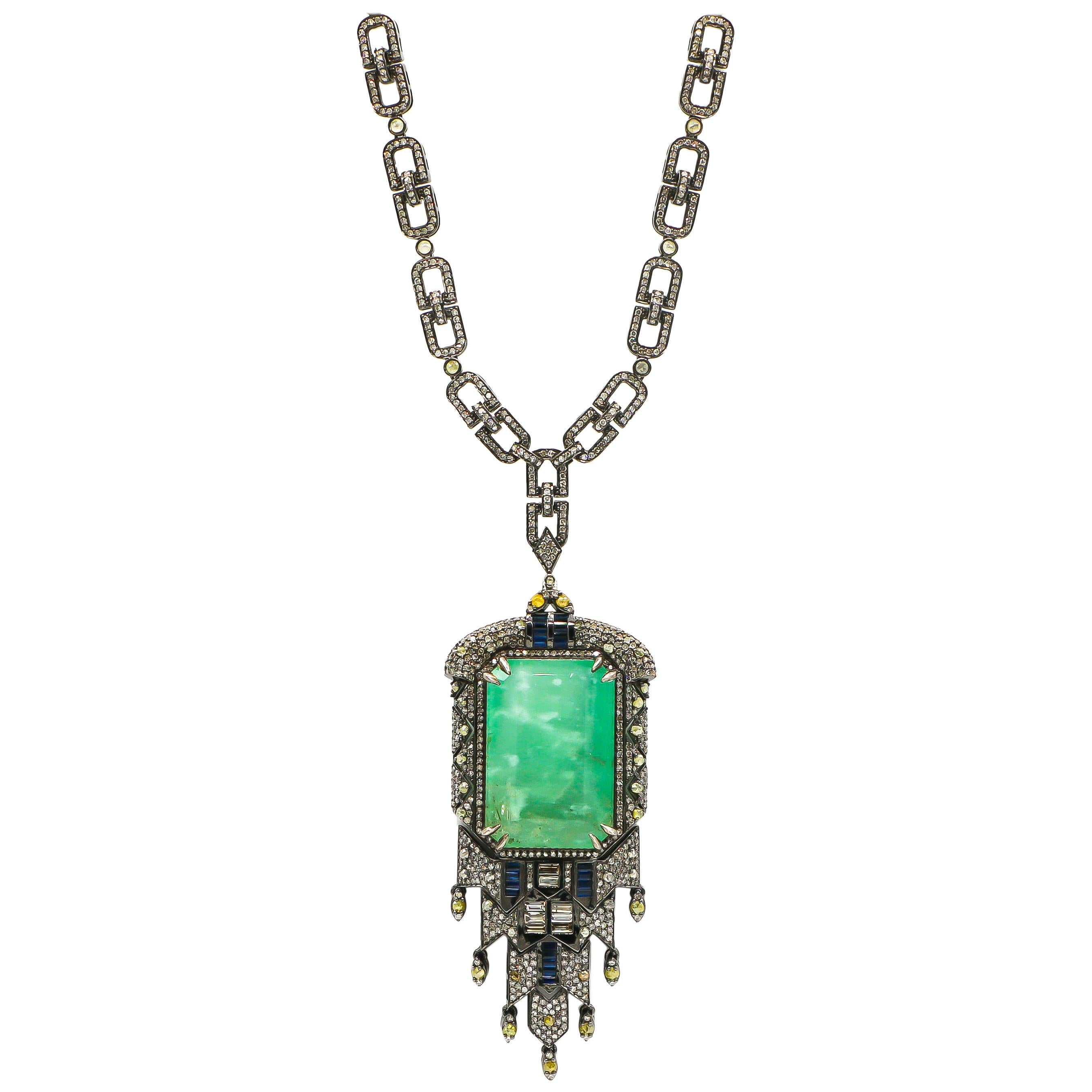 Emerald Pendant 68.95 Carat with Diamonds 15.82 Carat and Sapphires 1.50 Carat