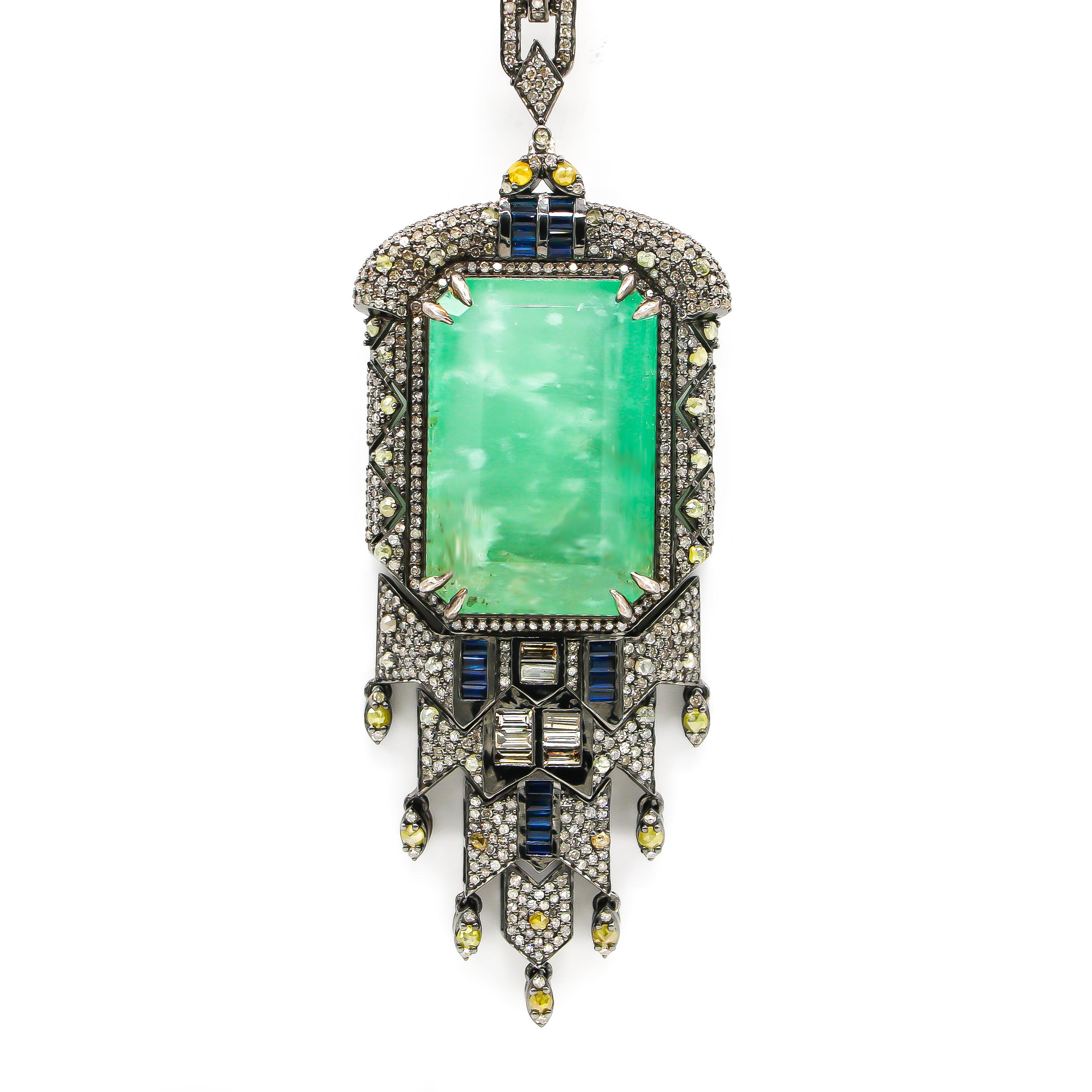 Art Deco Emerald Pendant 68.95 Carat with Diamonds 15.82 Carat and Sapphires 1.50 Carat