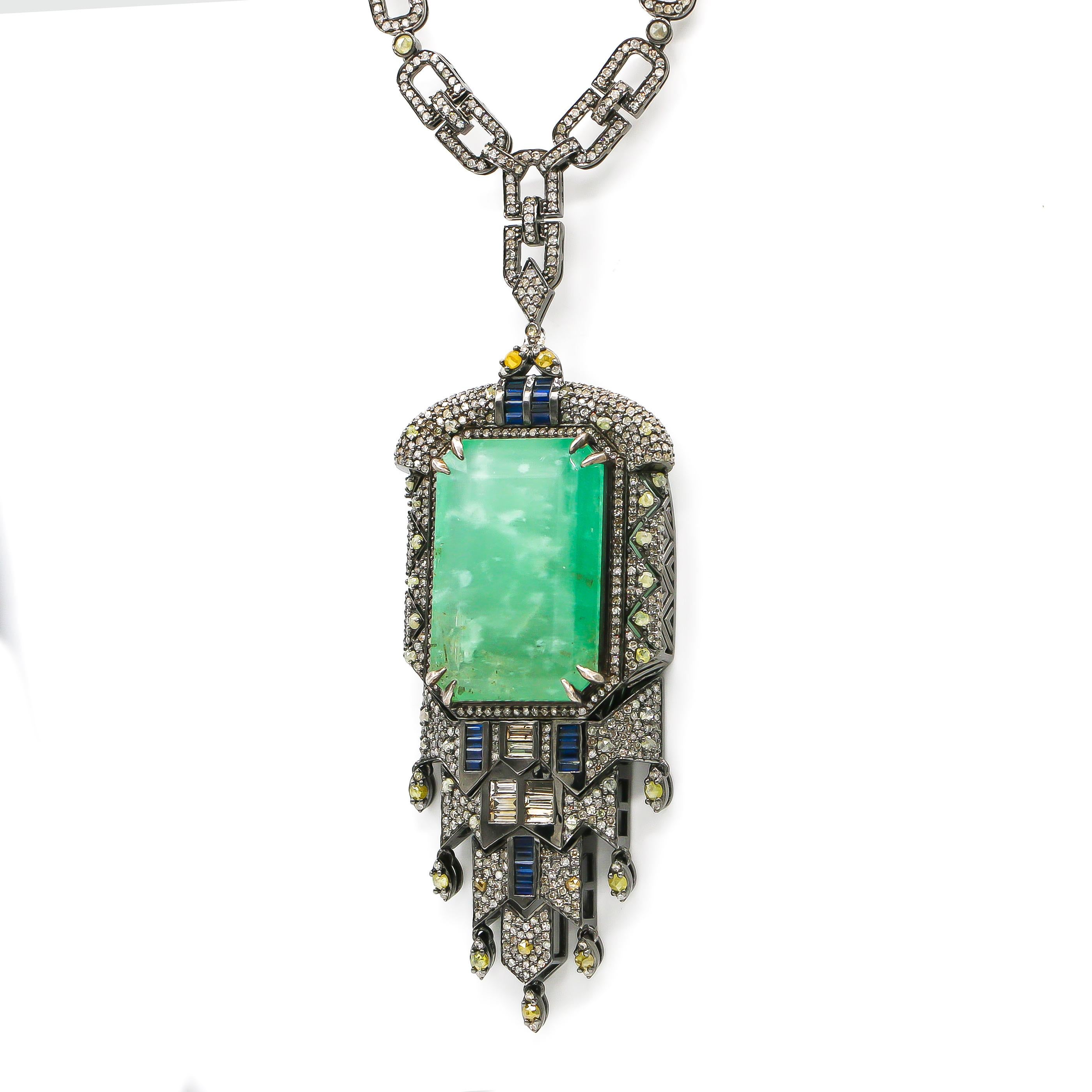 Emerald Pendant 68.95 Carat with Diamonds 15.82 Carat and Sapphires 1.50 Carat In Excellent Condition In Carlsbad, CA