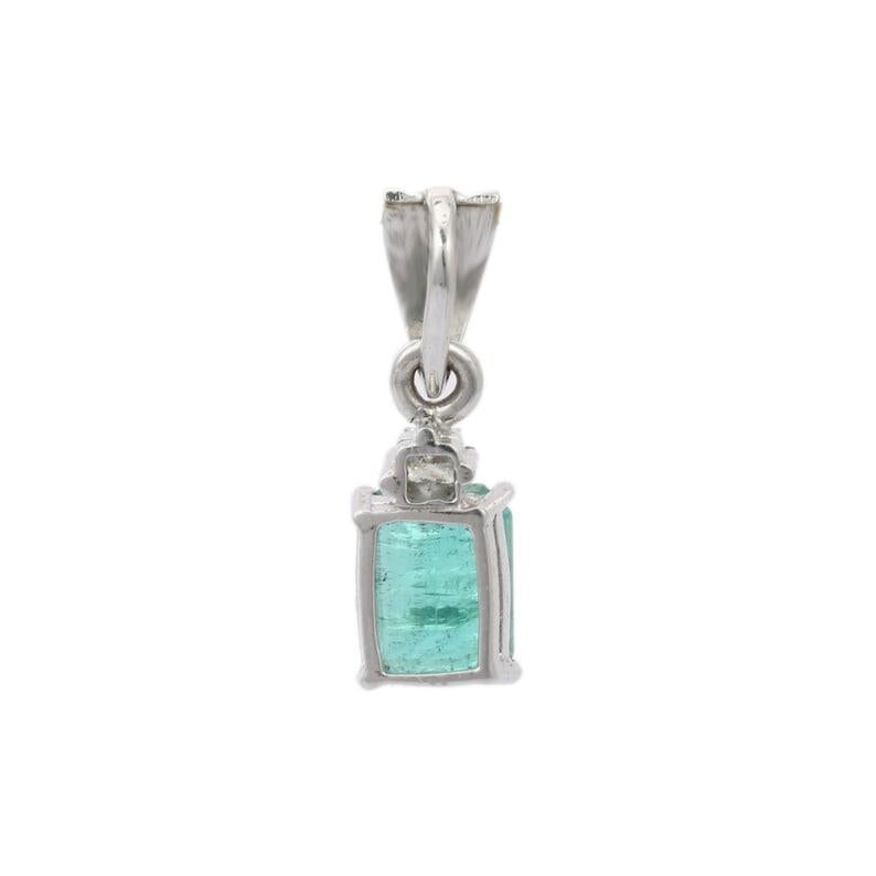 Octagon Cut Emerald Pendant in 18kt Solid White Gold with Diamond For Sale