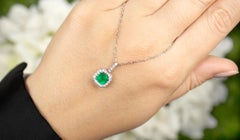 Emerald Pendant Necklace Diamond Halo 1.2 Carats 14K White Gold