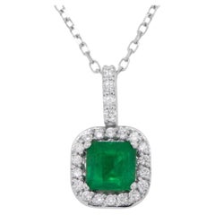 Emerald Pendant Necklace Diamond Halo 1.2 Carats 14K White Gold