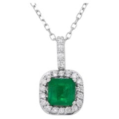 Emerald Pendant Necklace Diamond Halo 1.2 Carats 14K White Gold