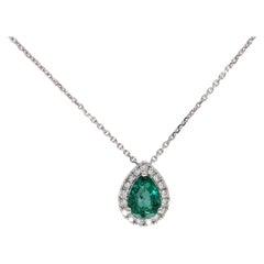 Emerald Pendant Necklace w Earth Mined Diamonds in Solid 14K White Gold Pear 7x5