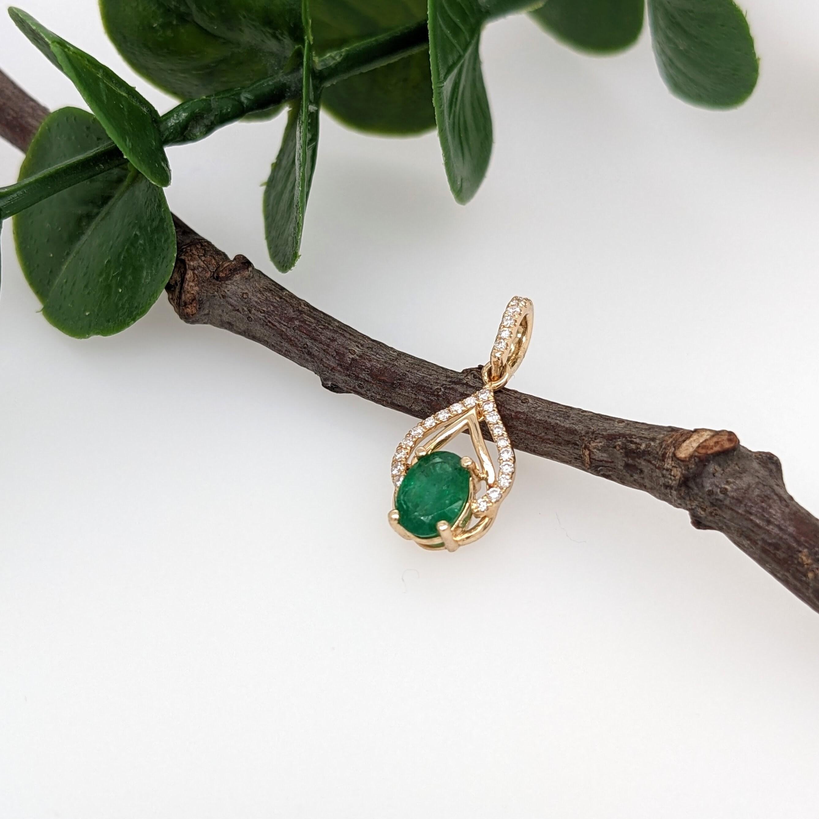Modern Emerald Pendant w Earth Mined Diamonds in Solid 14K Yellow Gold Oval 7x5mm For Sale