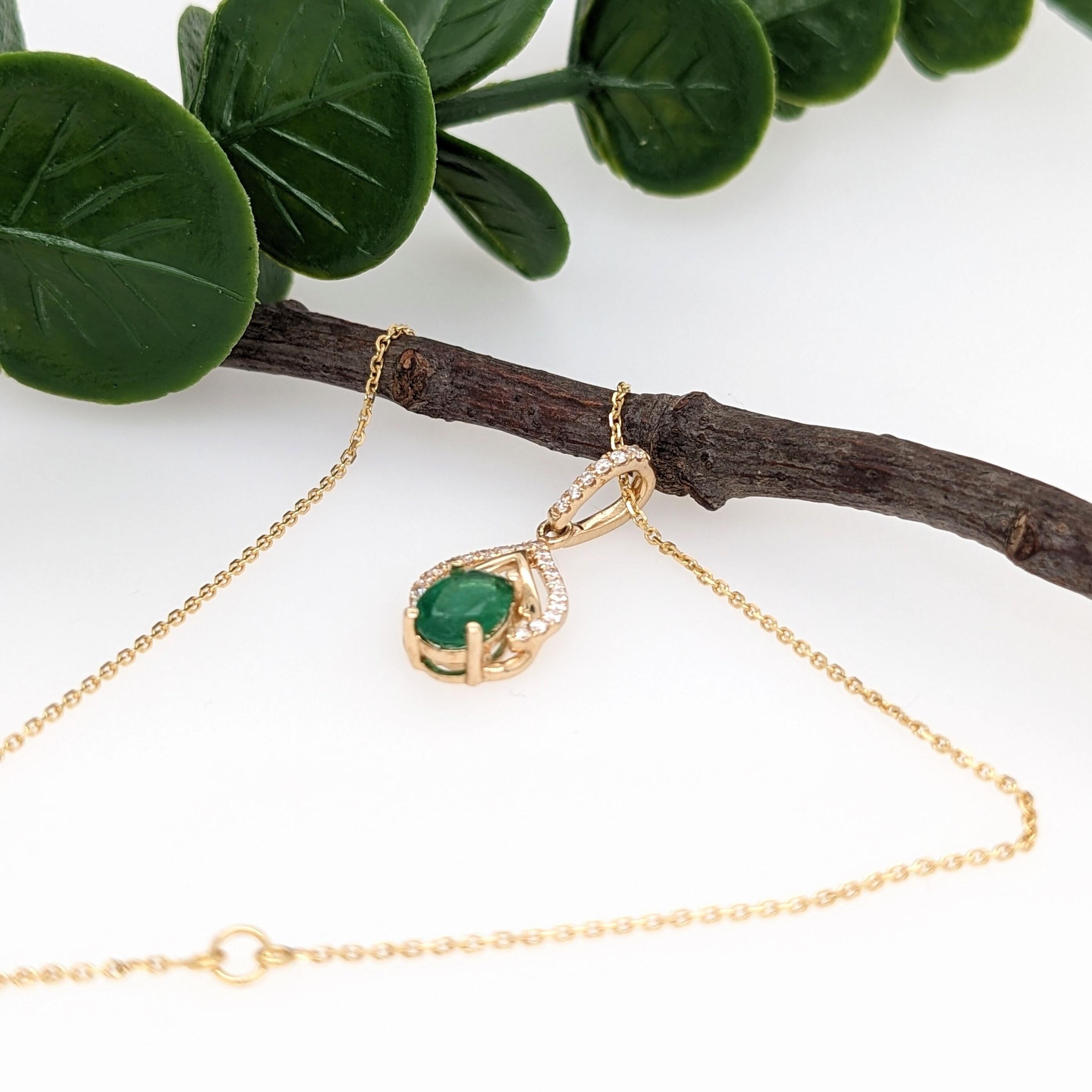 Women's Emerald Pendant w Earth Mined Diamonds in Solid 14K Yellow Gold Oval 7x5mm For Sale