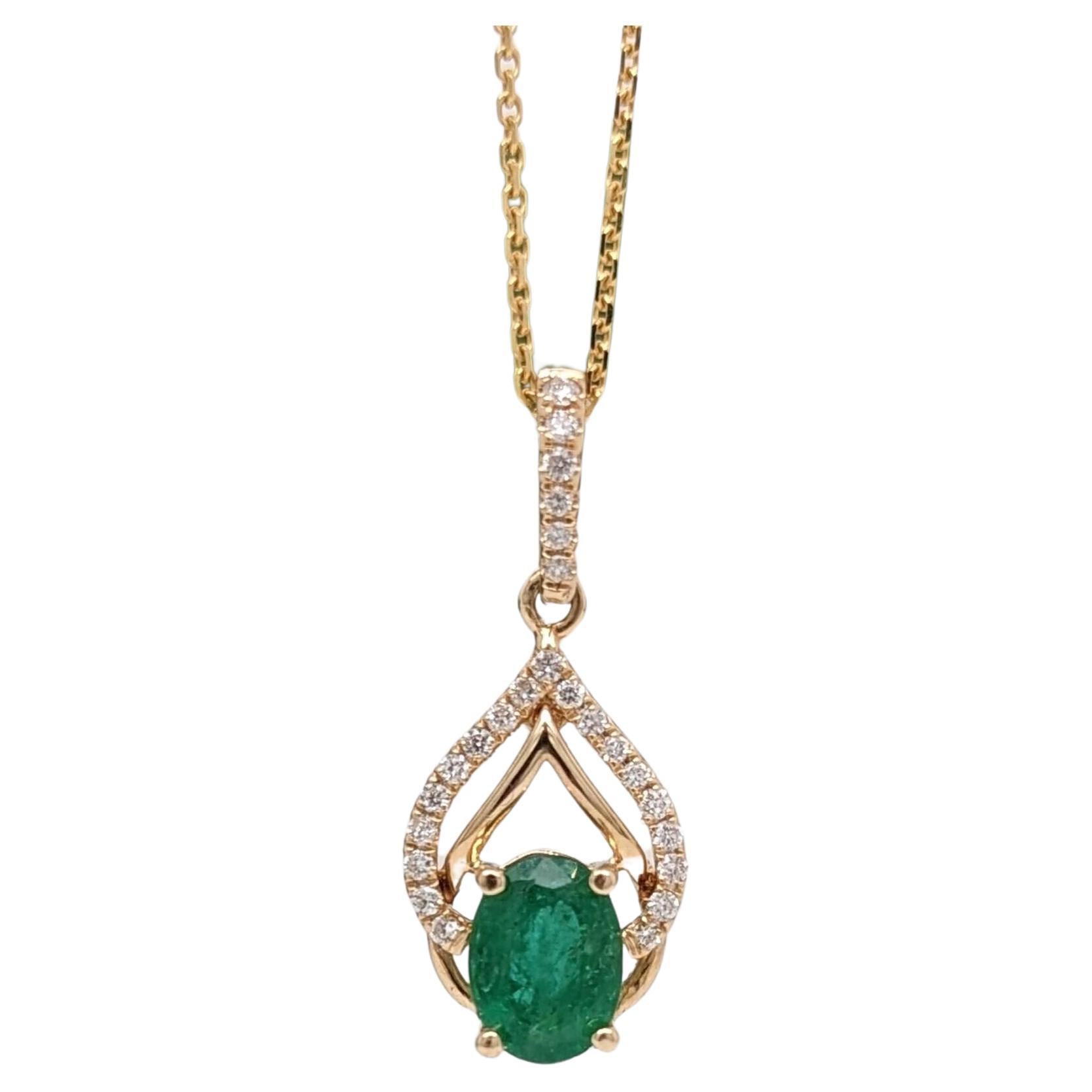 Emerald Pendant w Earth Mined Diamonds in Solid 14K Yellow Gold Oval 7x5mm For Sale