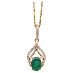 Emerald Pendant w Earth Mined Diamonds in Solid 14K Yellow Gold Oval 7x5mm