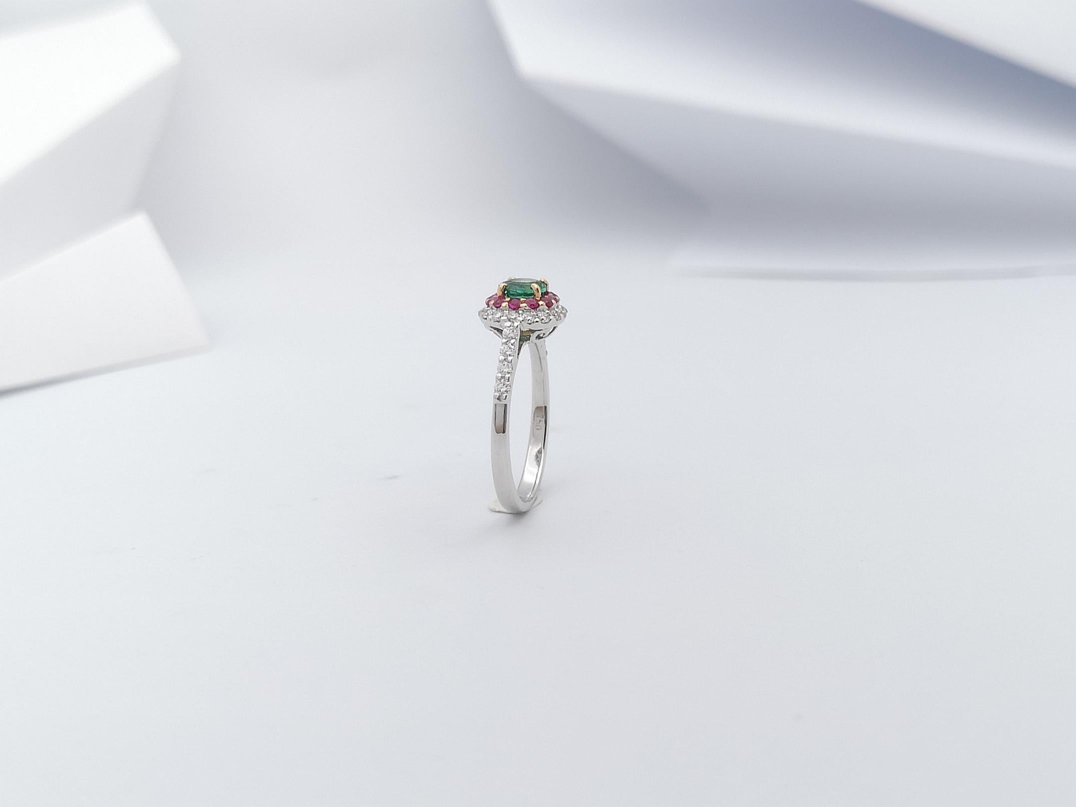 Emerald, Pink Sapphire and Diamond Ring Set in 18 Karat White Gold Settings For Sale 11