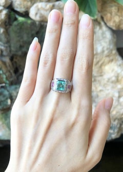 Emerald, Pink Sapphire and Diamond Ring Set in 18 Karat White Gold Settings