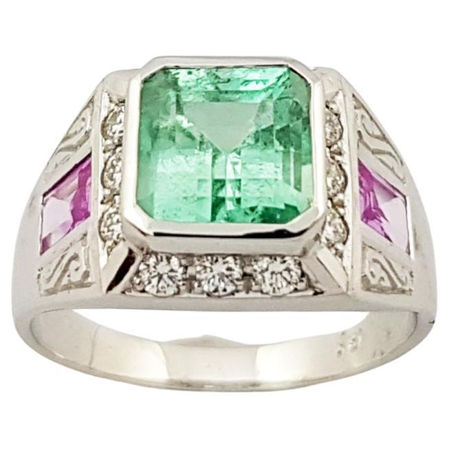 Emerald, Pink Sapphire and Diamond Ring Set in 18 Karat White Gold Settings For Sale