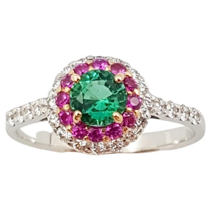 Emerald, Pink Sapphire and Diamond Ring Set in 18 Karat White Gold Settings For Sale