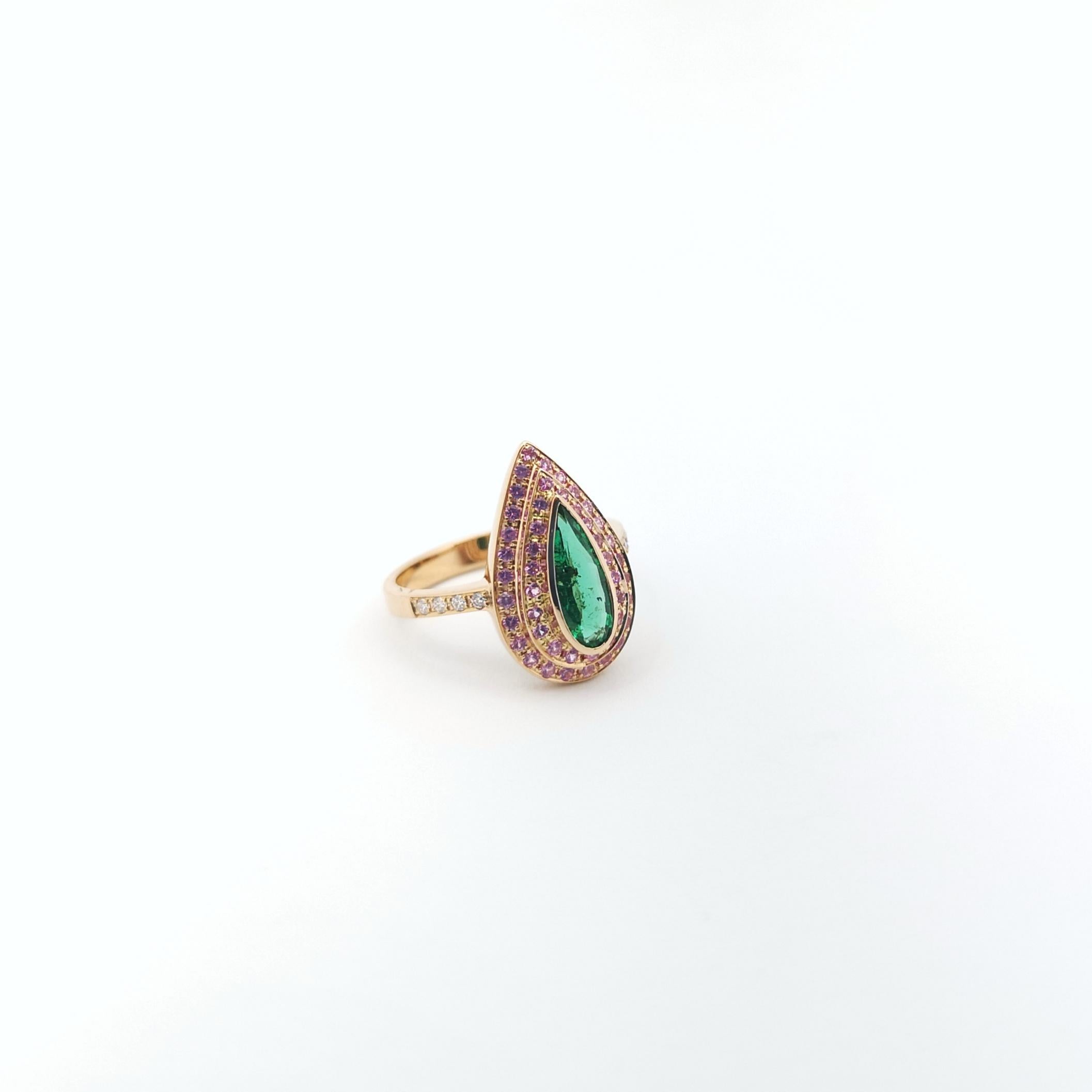 Emerald, Pink Sapphire and Diamond Ring set in 18K Rose Gold Settings For Sale 4