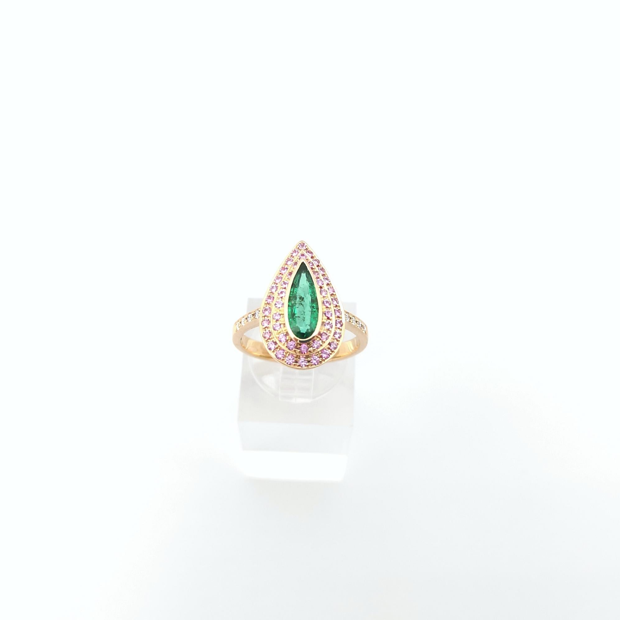 Emerald, Pink Sapphire and Diamond Ring set in 18K Rose Gold Settings For Sale 8