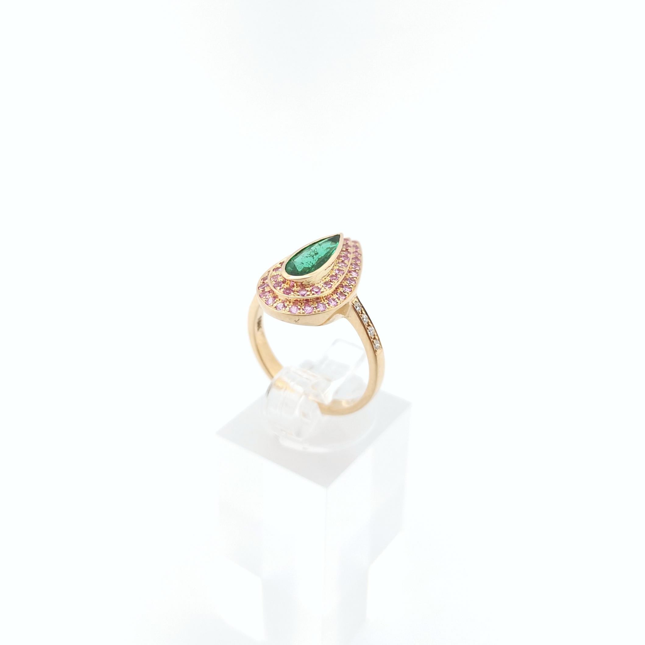 Emerald, Pink Sapphire and Diamond Ring set in 18K Rose Gold Settings For Sale 10