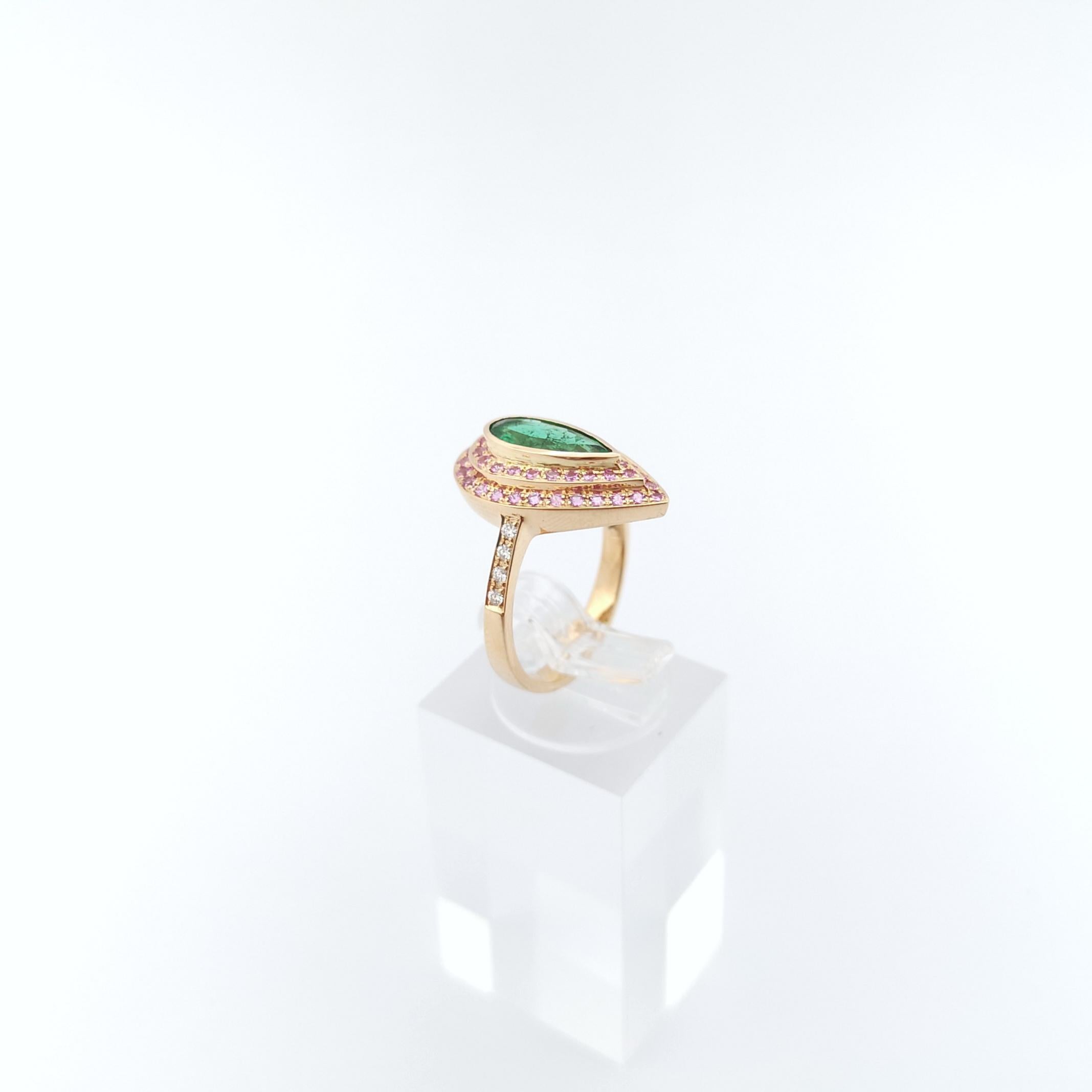Emerald, Pink Sapphire and Diamond Ring set in 18K Rose Gold Settings For Sale 11