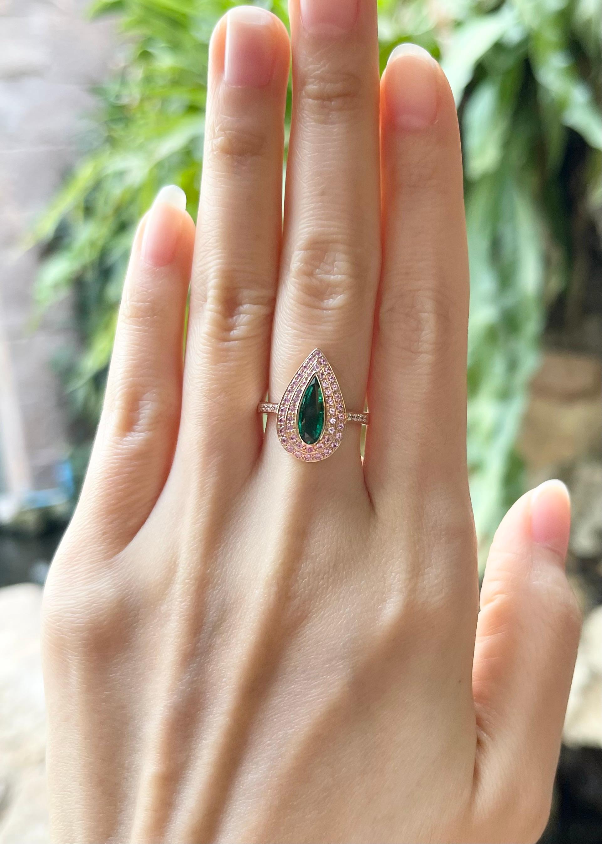 Emerald 0.62 carat, Pink Sapphire 0.35 carat and Diamond 0.06 carat Ring set in 18K Rose Gold Settings

Width:  1.1 cm 
Length: 1.8 cm
Ring Size: 53
Total Weight: 4.47 grams

