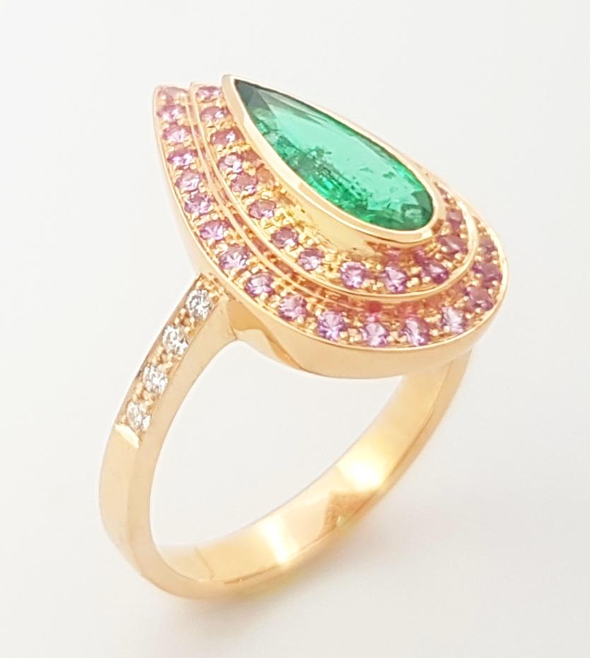 Emerald, Pink Sapphire and Diamond Ring set in 18K Rose Gold Settings For Sale 2