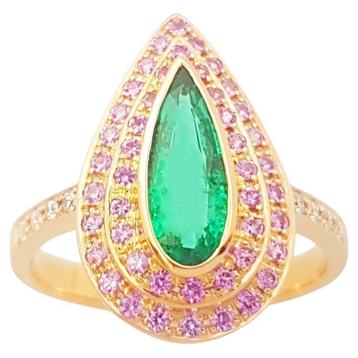 Emerald, Pink Sapphire and Diamond Ring set in 18K Rose Gold Settings For Sale