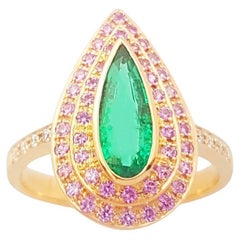 Emerald, Pink Sapphire and Diamond Ring set in 18K Rose Gold Settings