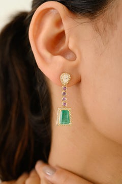 Emerald, Pink Sapphire & Diamond Geometric Drop Earrings in 18k Yellow Gold