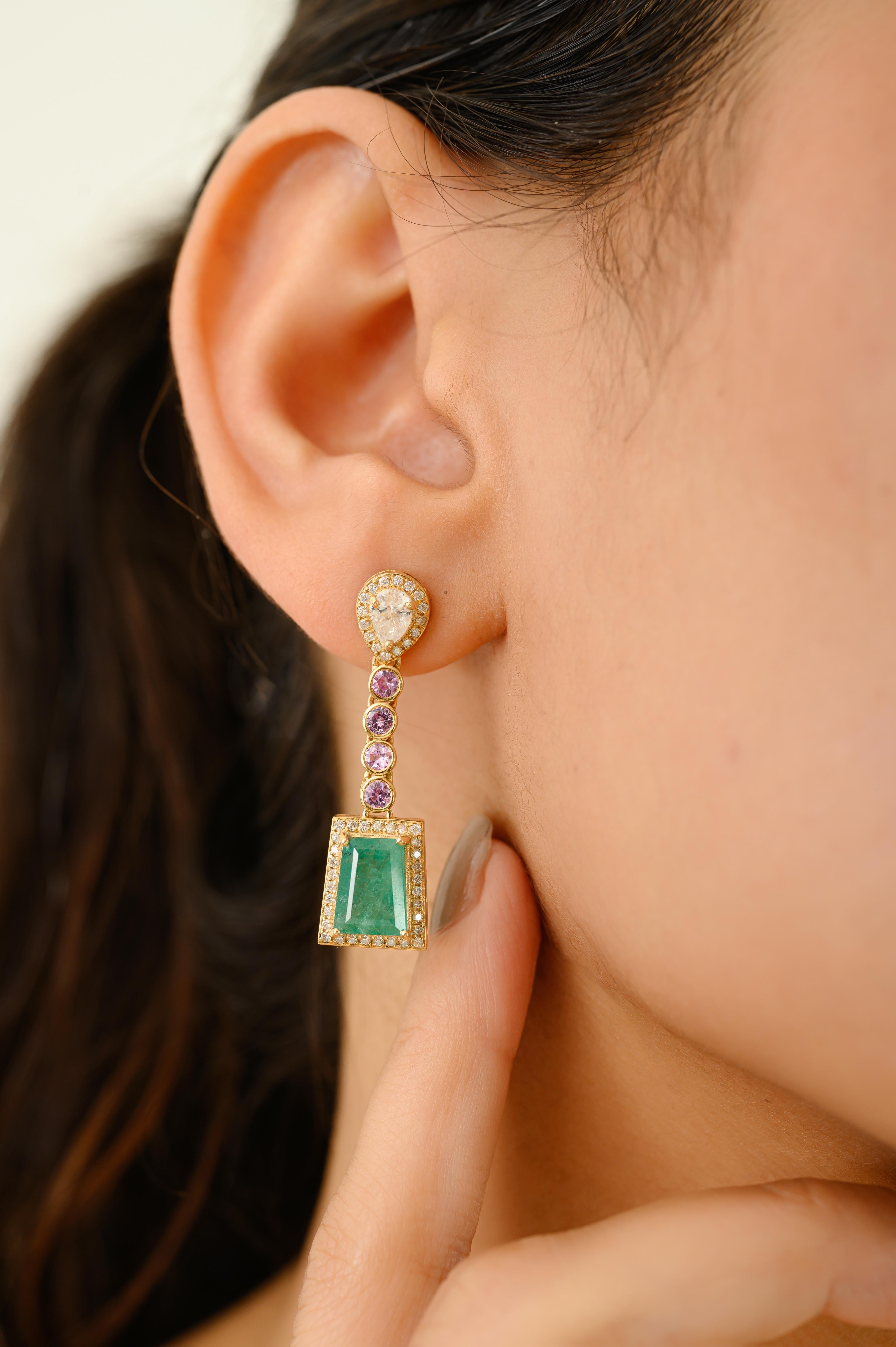 Mixed Cut Emerald, Pink Sapphire & Diamond Geometric Drop Earrings in 18k Yellow Gold For Sale