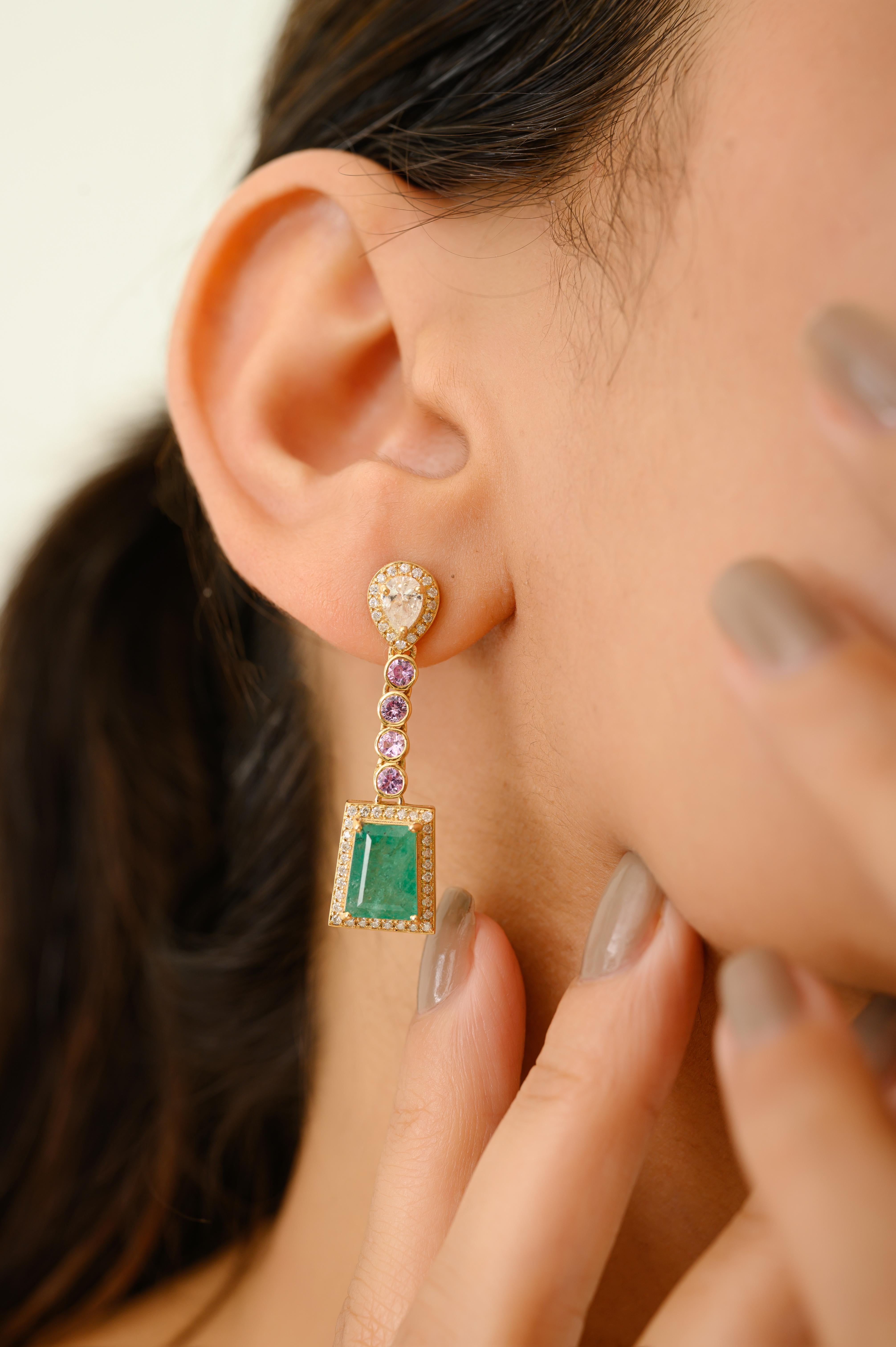 Emerald, Pink Sapphire & Diamond Geometric Drop Earrings in 18k Yellow Gold For Sale 2