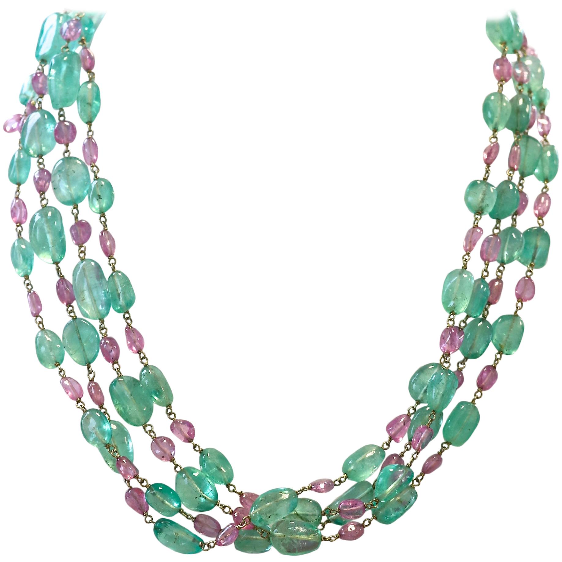 Emerald Pink Sapphire Multi-Strand 18 Karat Gold Necklace
