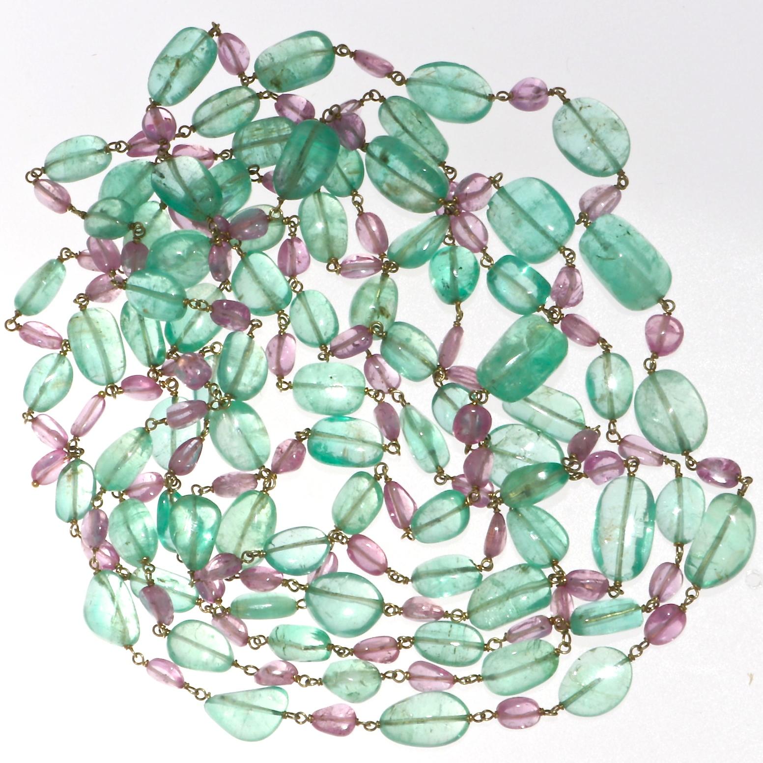 Contemporary Emerald Pink Sapphire Multi-Strand 18 Karat Gold Necklace